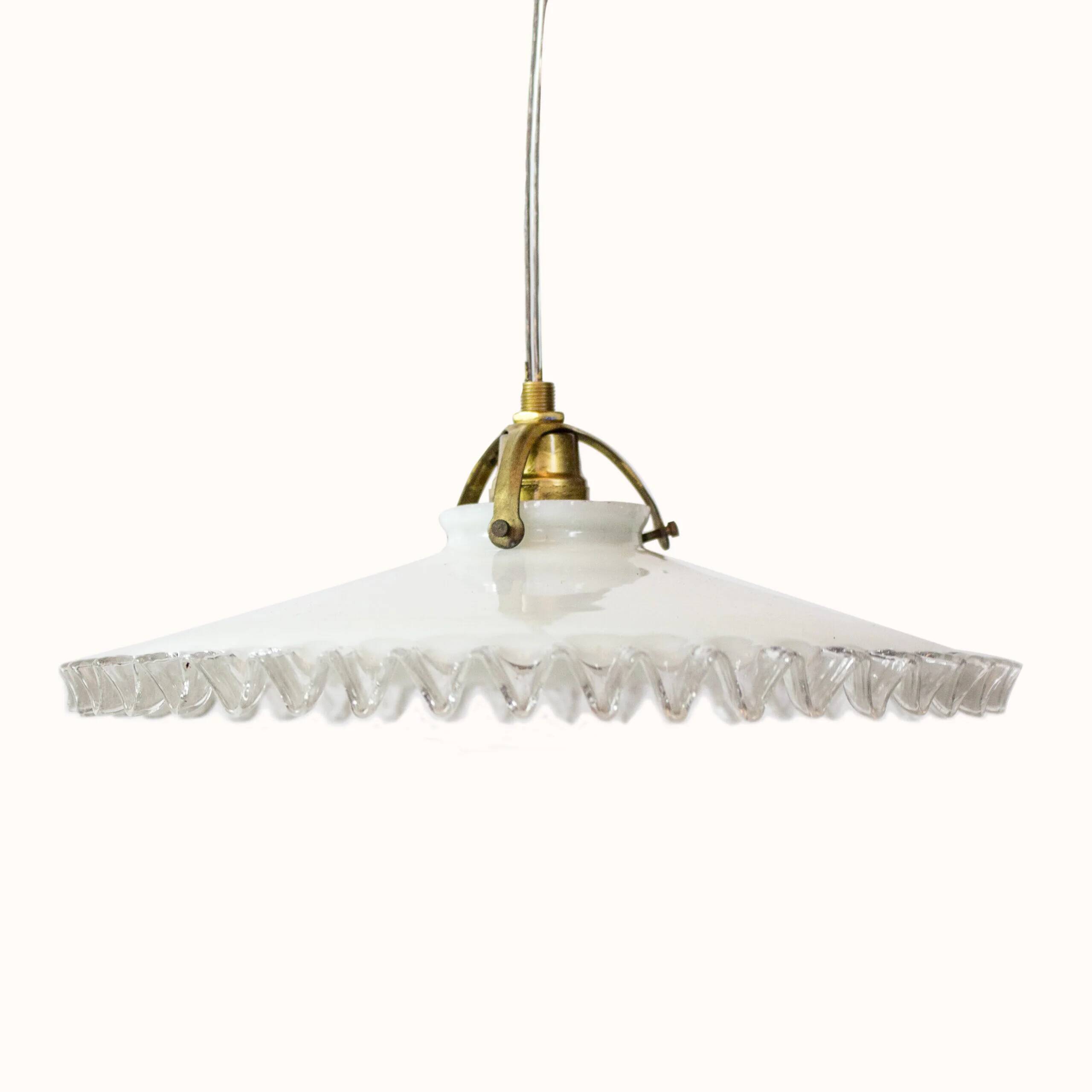 Vintage French suspension in white glass with scalloped edge.