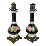 Pair of electrically mounted kerosene lamps, porcelain decorated with roses