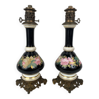 Pair of electrically mounted kerosene lamps, porcelain decorated with roses
