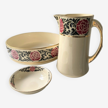 Vintage toilet set, Art Deco, Broc, basin and cup from Saint-Amand-les-Eaux, stamped