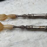 Art Nouveau salad servers in horn and silver metal