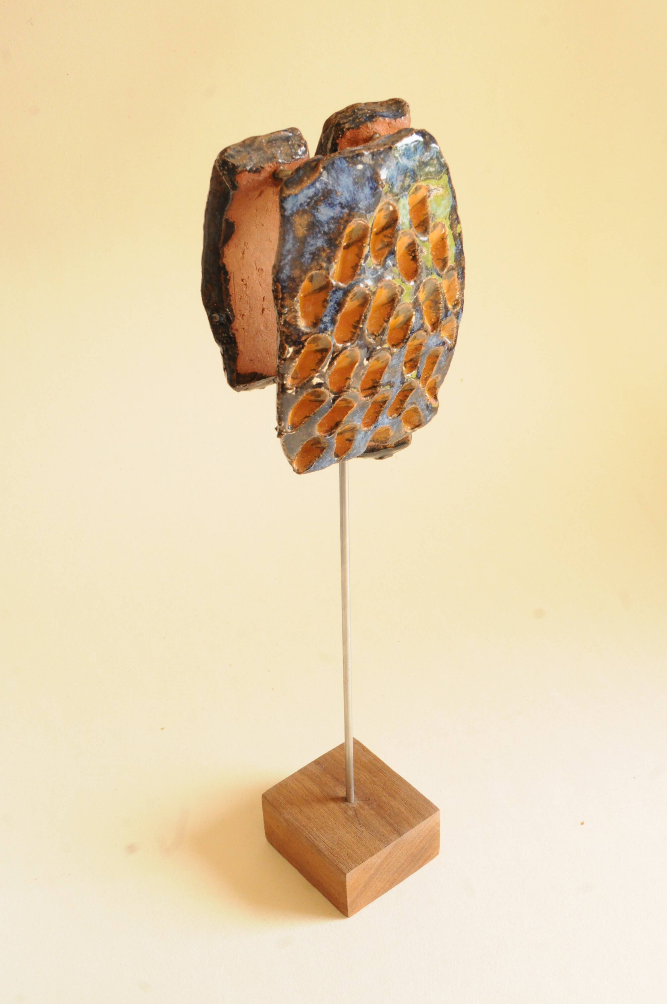 Glazed Terracotta Sculpture Signed - Abstract Art - Blue Amber