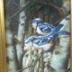 Painting on wood, gilded carved frame, image: blue birds / birches in winter