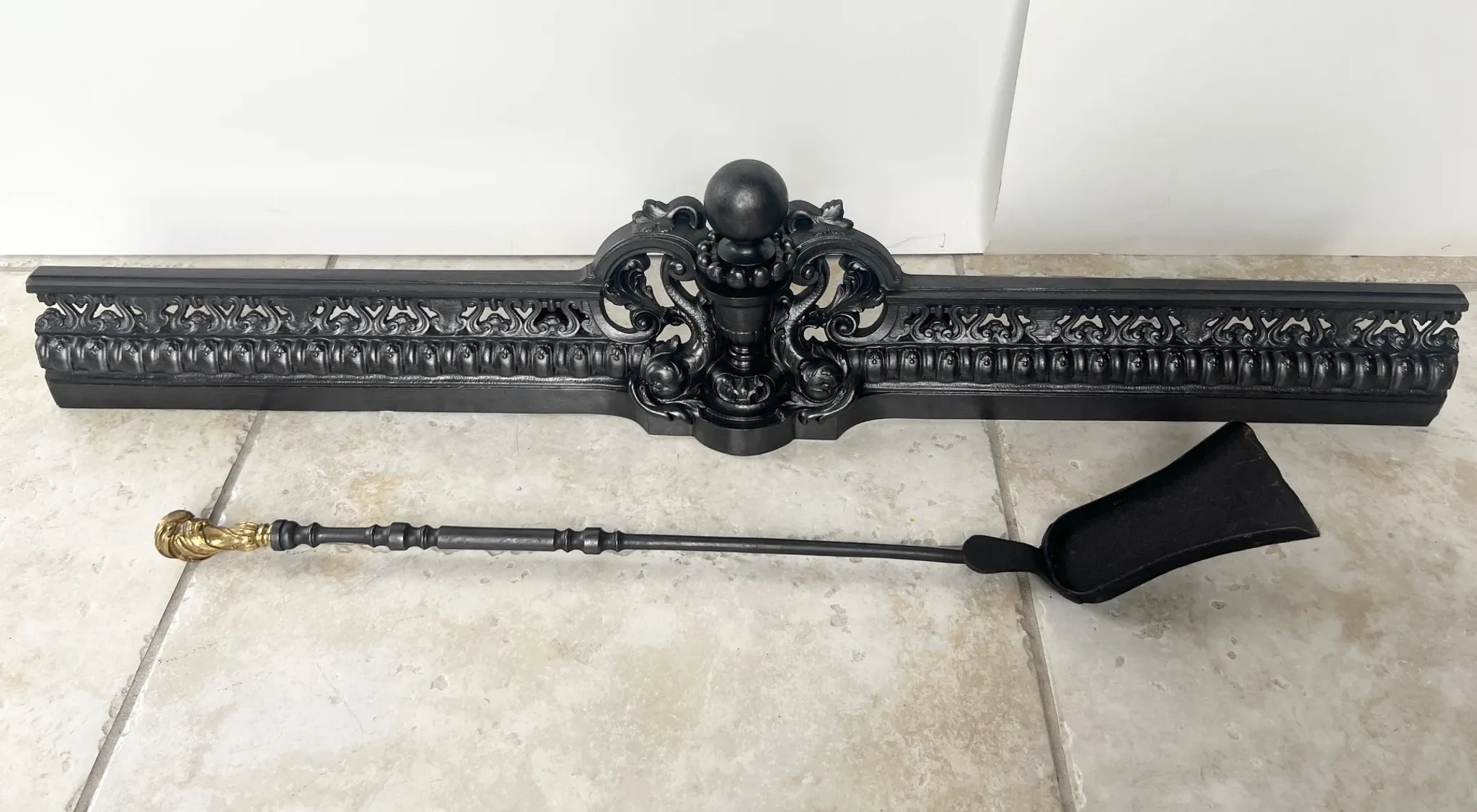 19th-century cast iron fireplace set, bar, andirons & plaque with griffins
