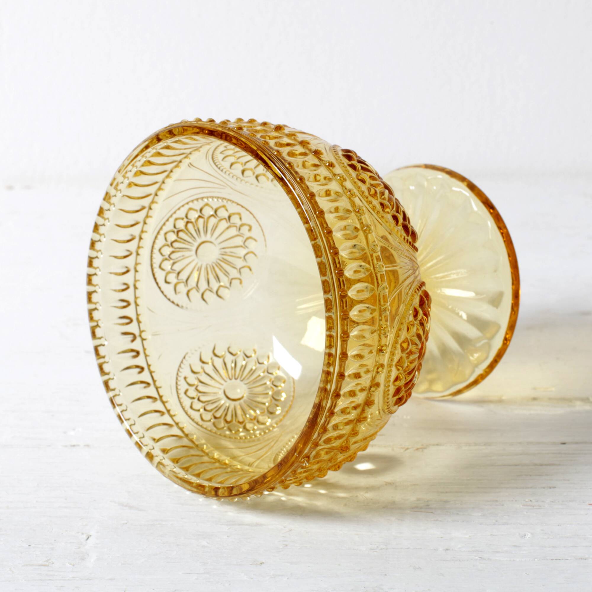Godinger Amber Honey Pressed Glass Pedestal Bowl – Vintage USA 2000s