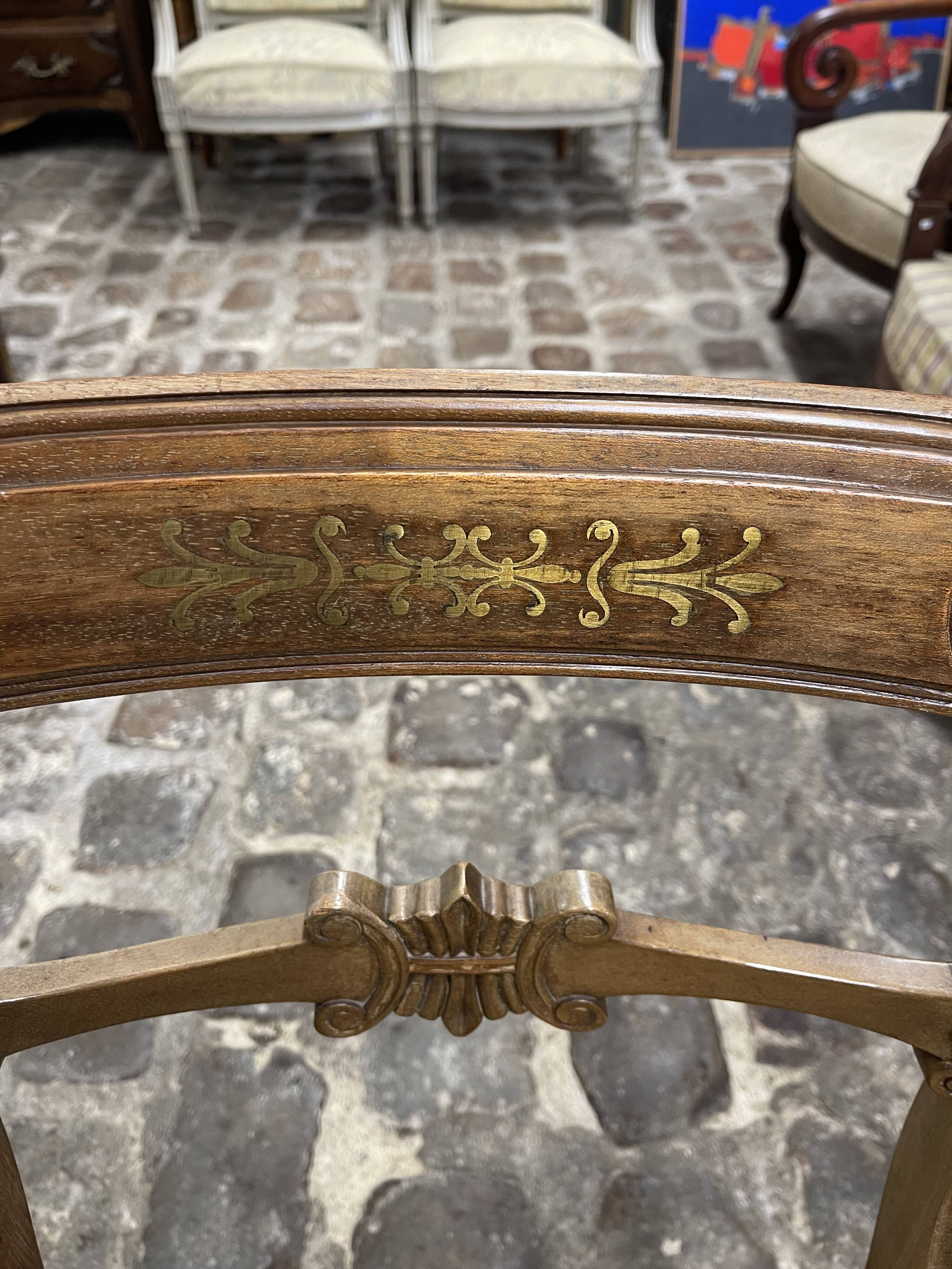 2 Antique Brass Dining Chairs with Inlaid Backs