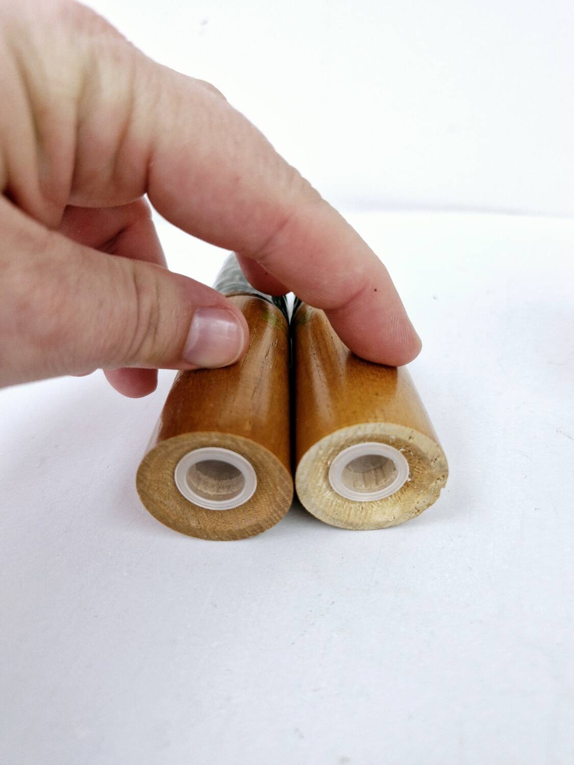 Set of 4 egg cups, salt shakers, pepper shakers and vintage wood and ceramic timer