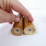 Set of 4 egg cups, salt shakers, pepper shakers and vintage wood and ceramic timer