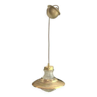 Massive vintage pendant light in gold metal and textured glass -