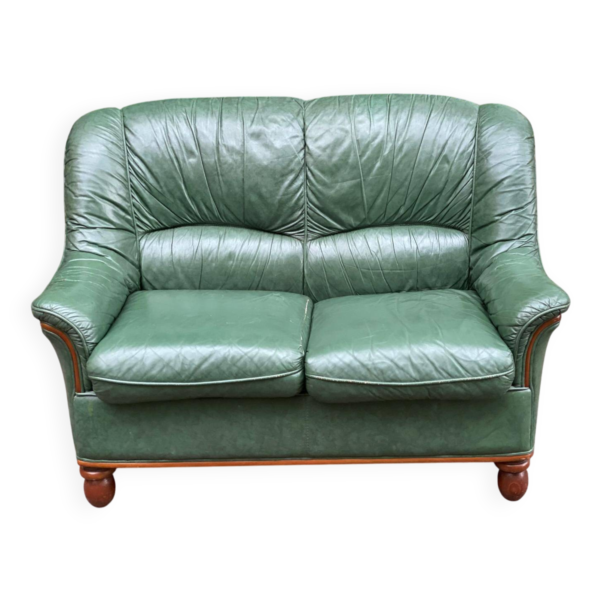 Vintage 2-seater sofa in green leather and solid wood