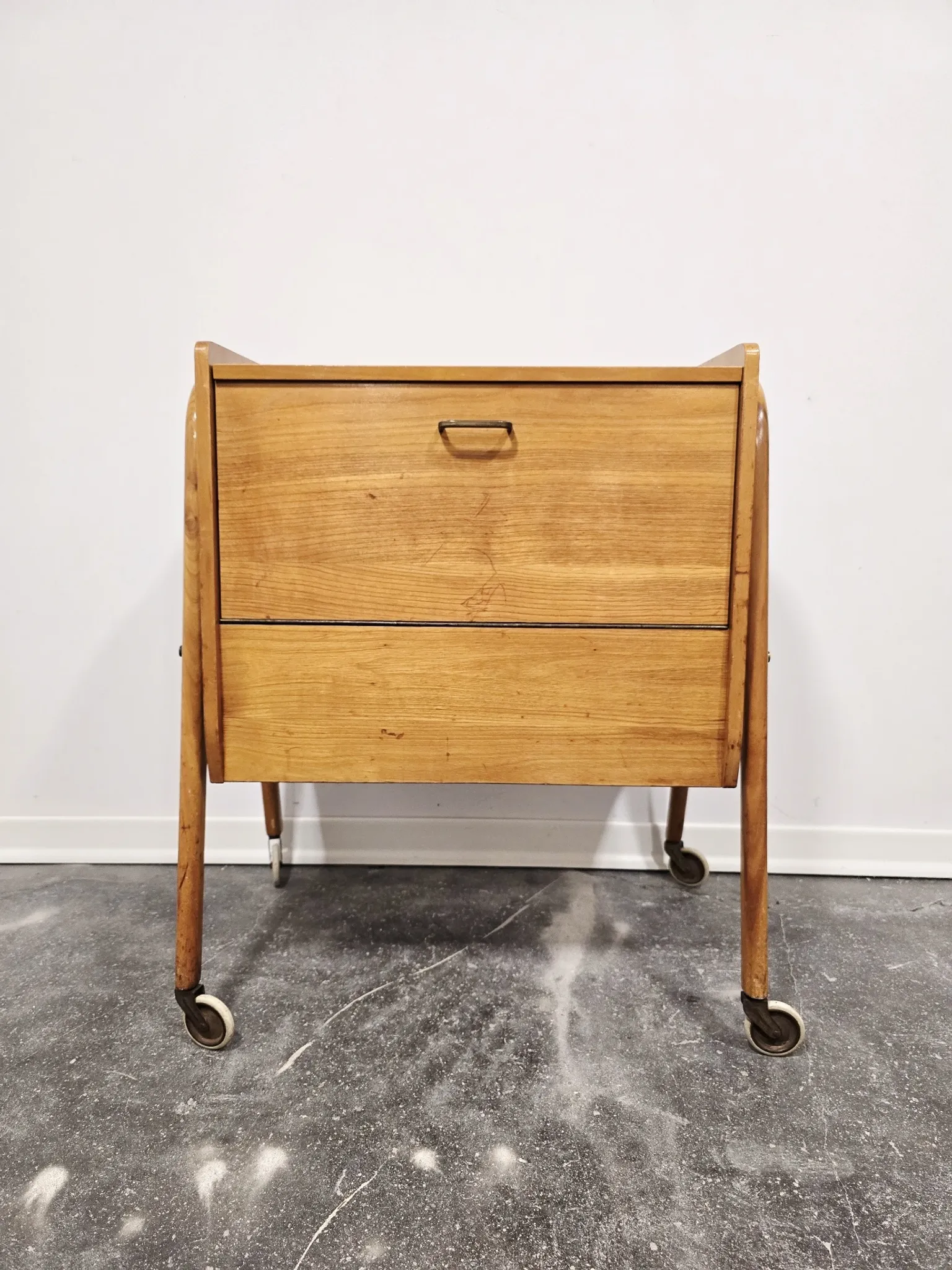 Rare 1970s Danish-Style Wooden Cabinet on Wheels | Vintage Nightstand,