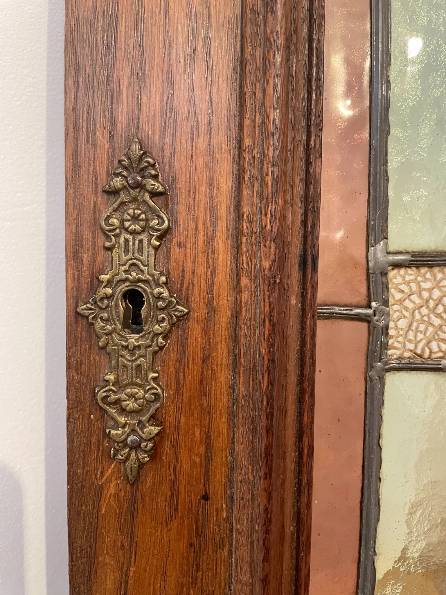 Rare - antique wooden furniture door with art nouveau stained glass