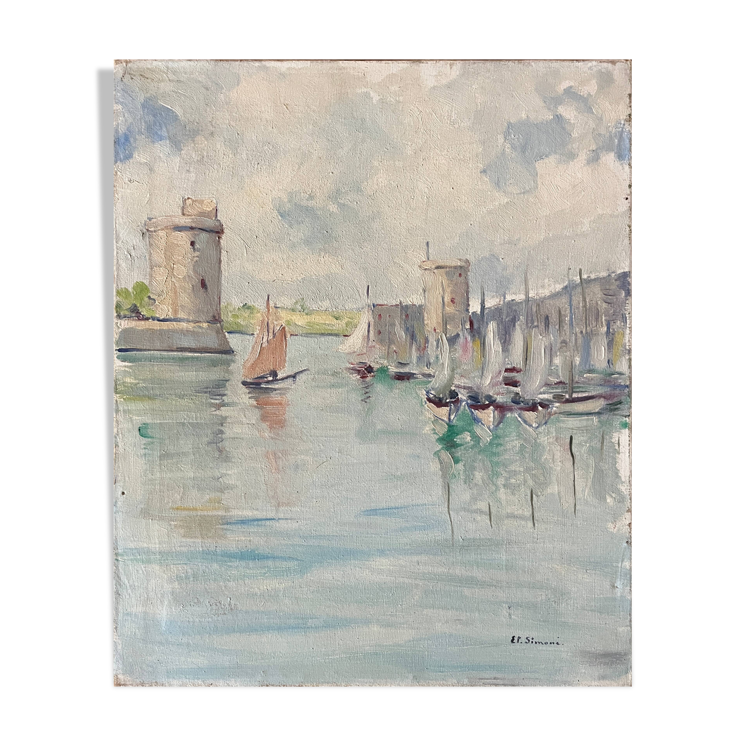 HST painting The Port of La Rochelle Post-impressionist 1900 signed Et. Simoni