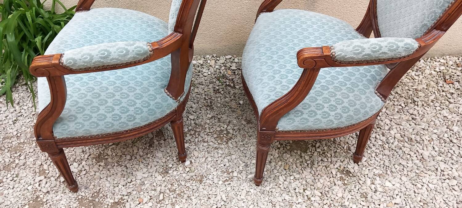 Pair of Louis XVI style medallion armchairs