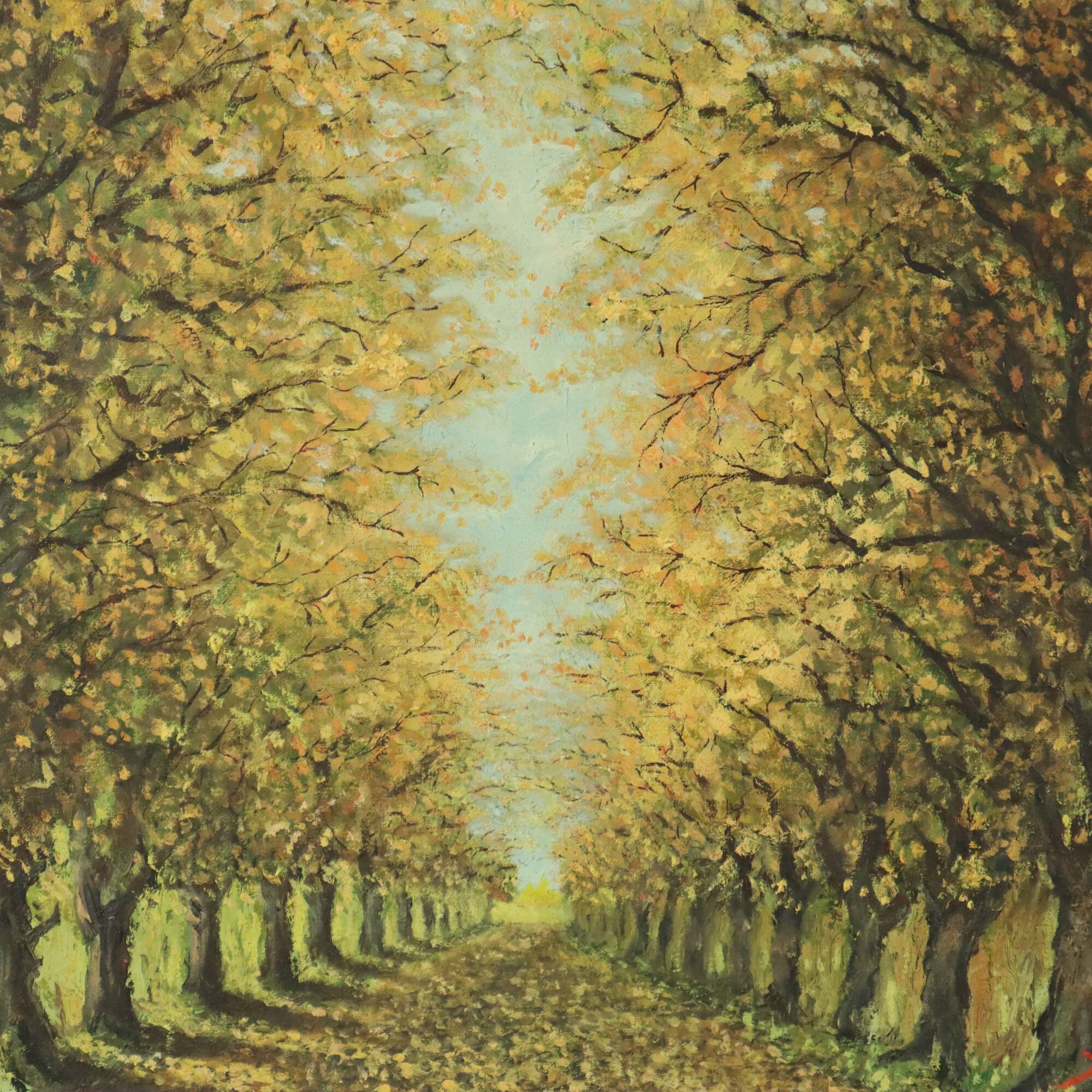 Large Vintage Painting on Canvas Perspective Trees Signed