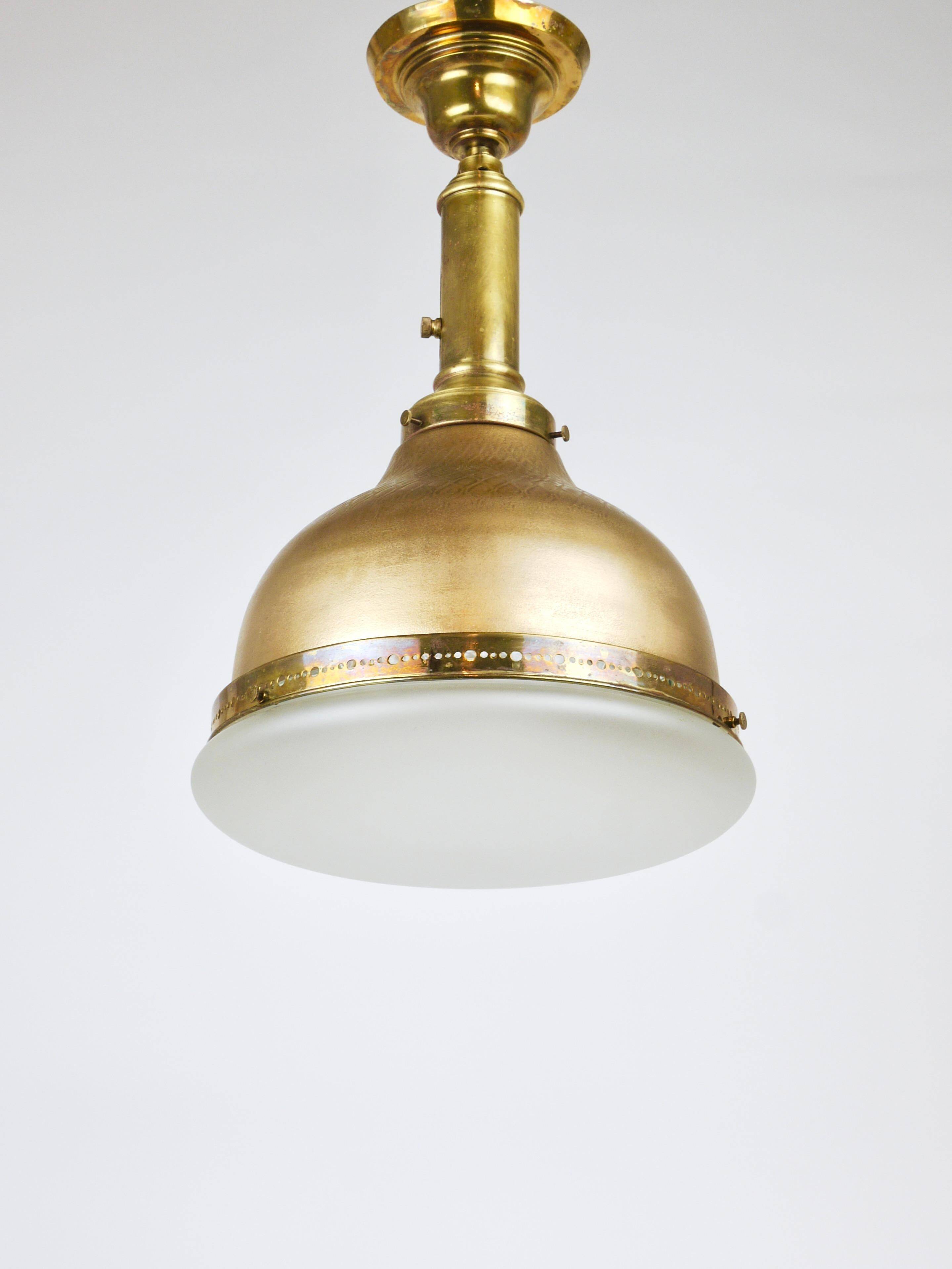 Art Nouveau pendant lamp in brass and glass from the 1920s, ceiling light, Jena, Germany.