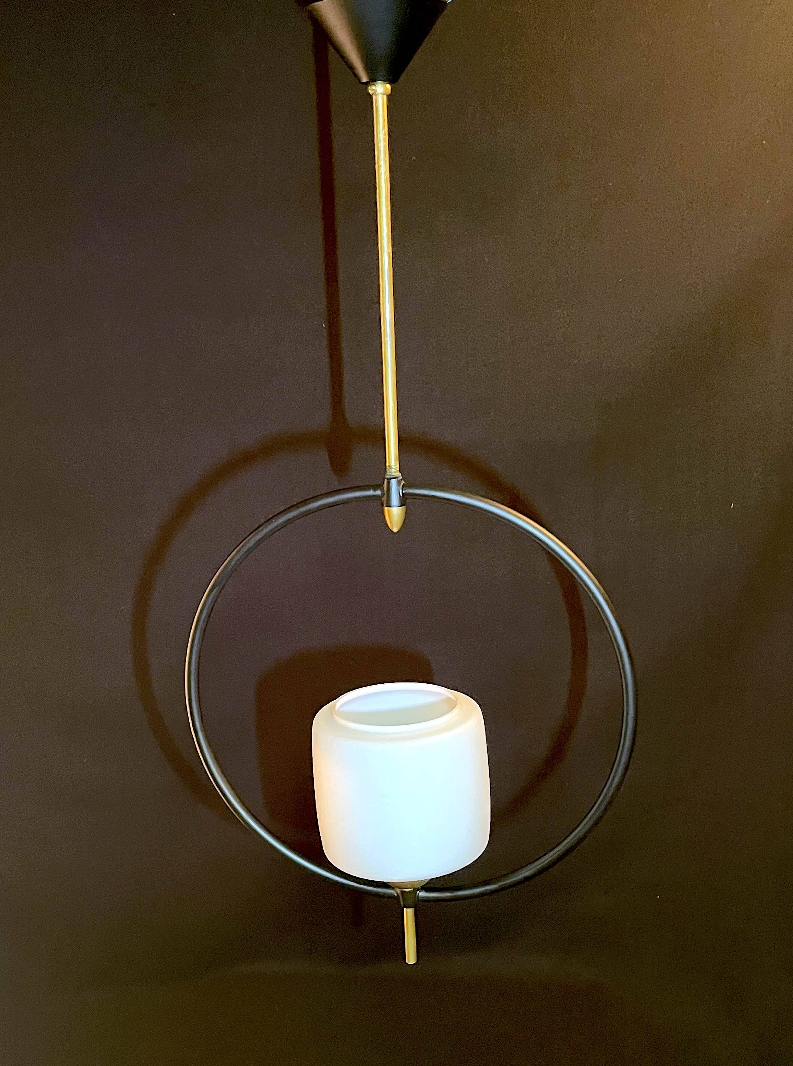 Maison Lunel, Mid-Century Black and Brass Circular Pendant Lamp, France