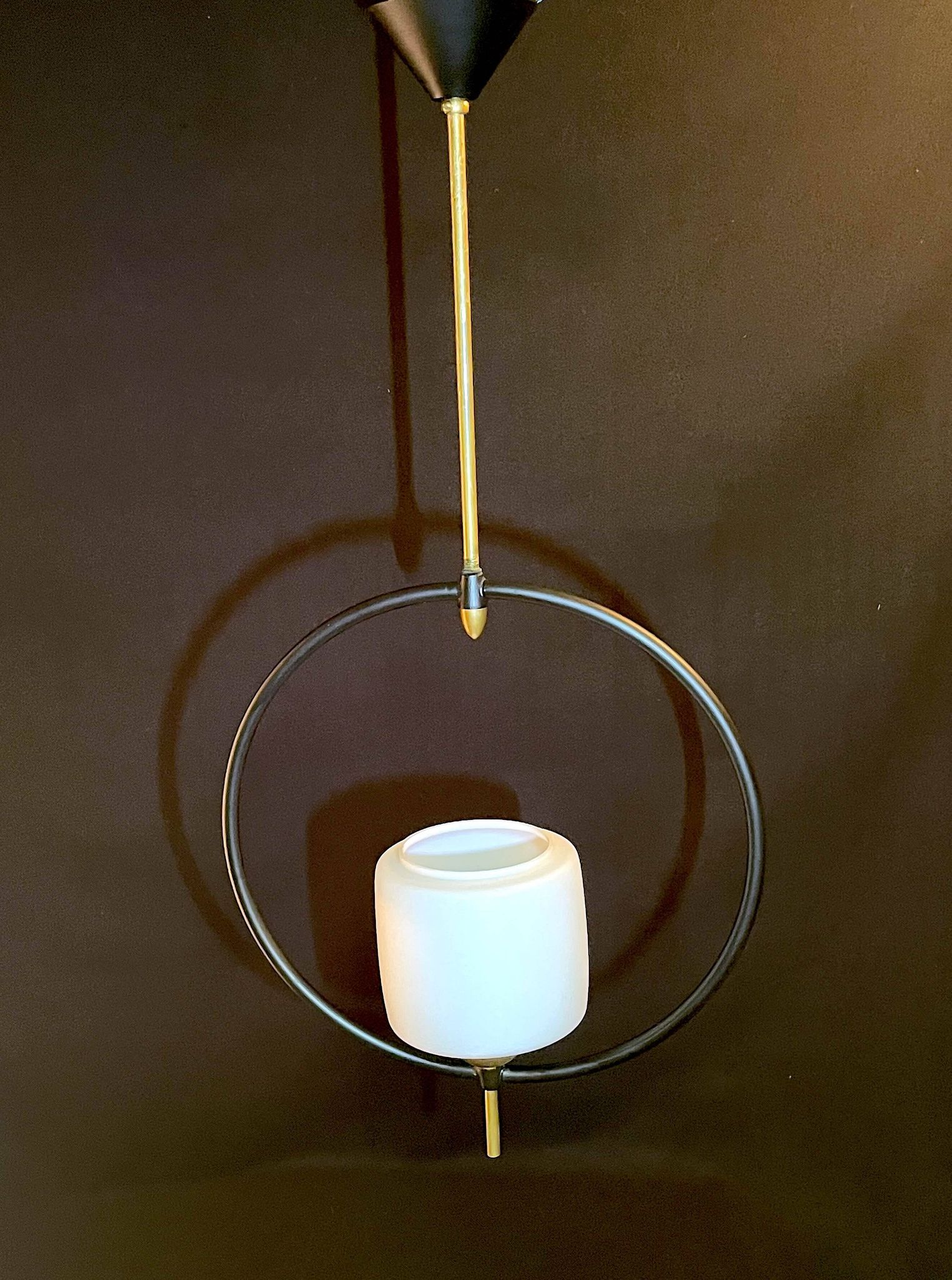 Maison Lunel, Mid-Century Black and Brass Circular Pendant Lamp, France