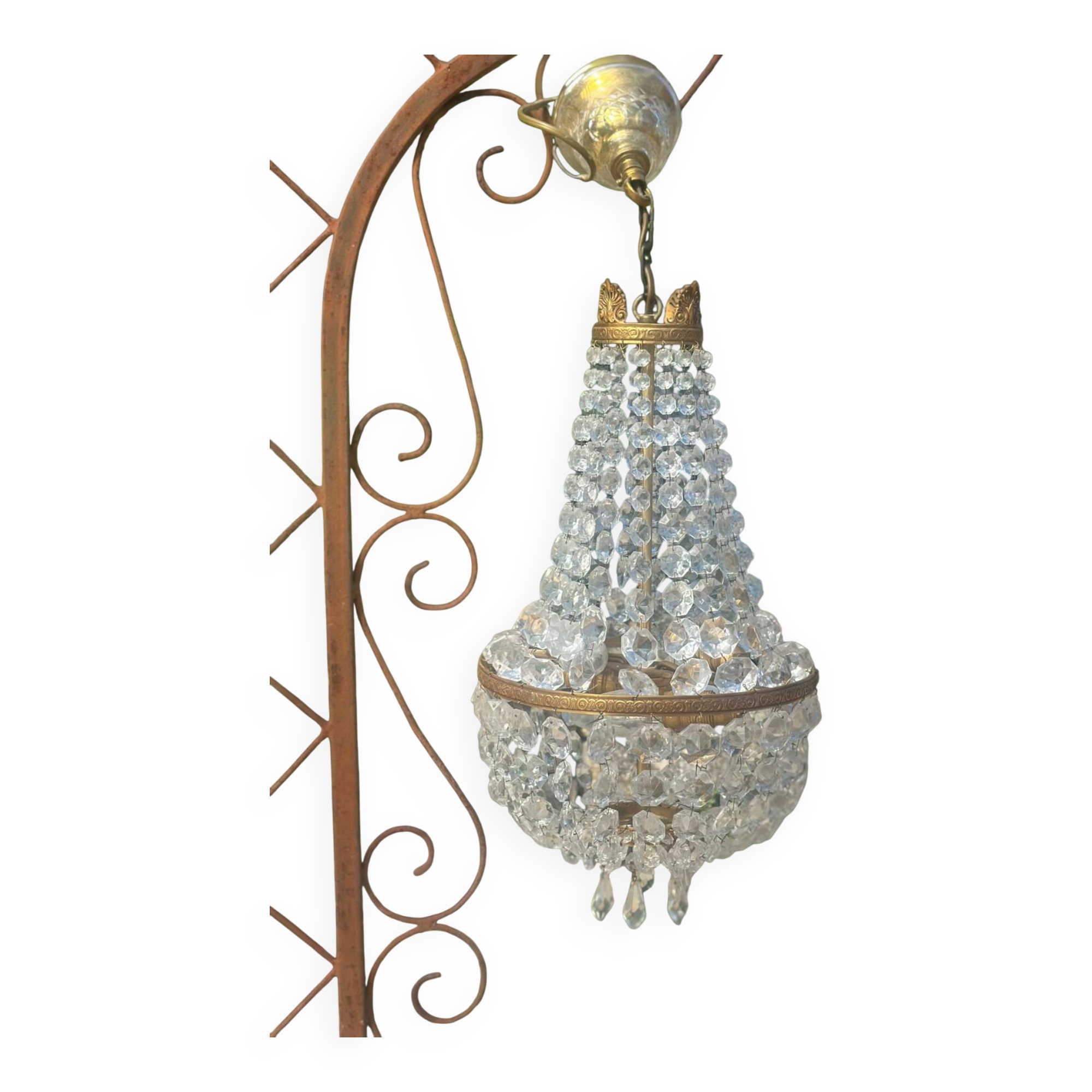 Basket chandelier with crystal and gilded brass pendants, circa 1930.