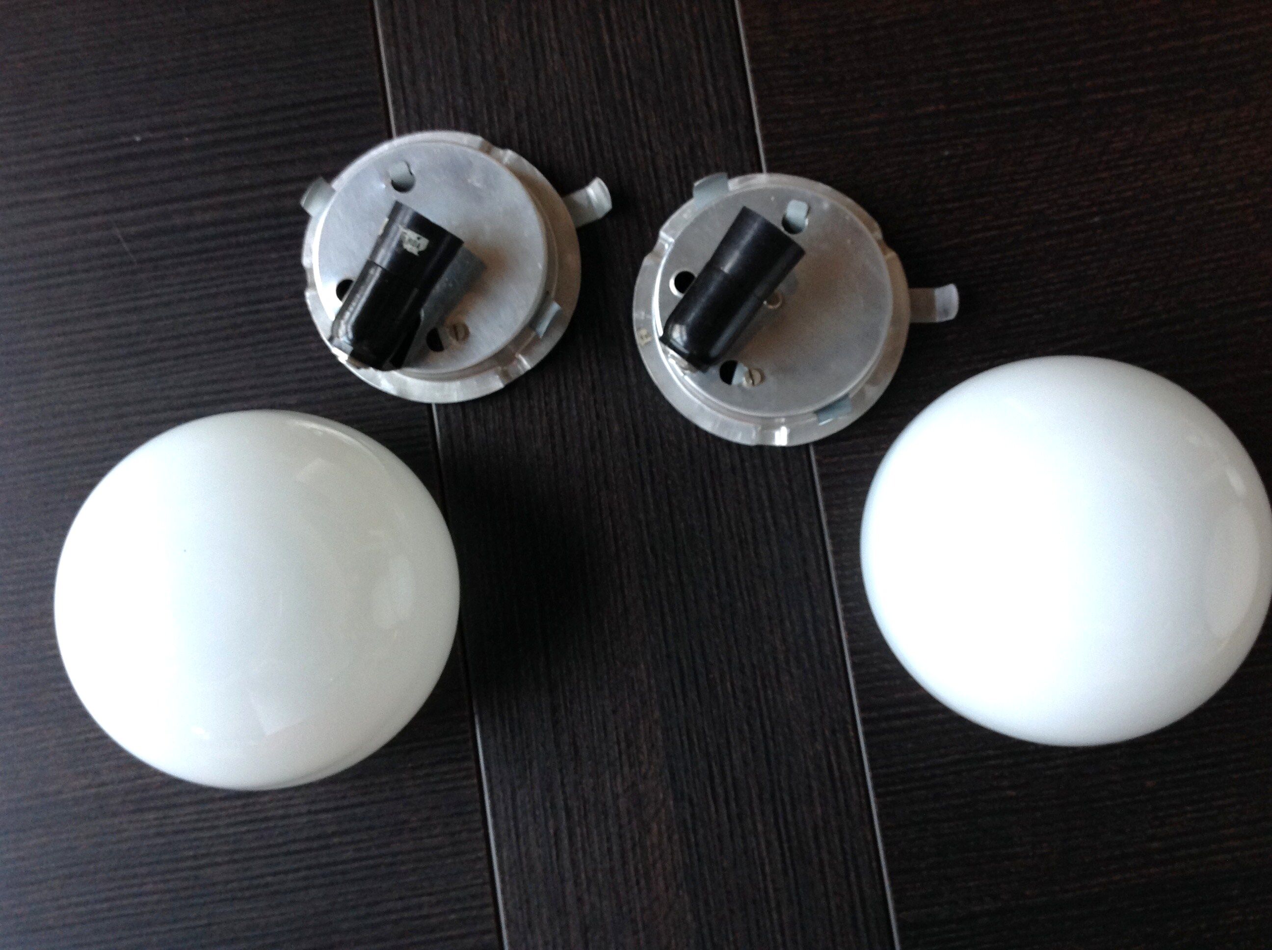 Pair of globe half moon ceiling lights in opaline vintage 60s-70s