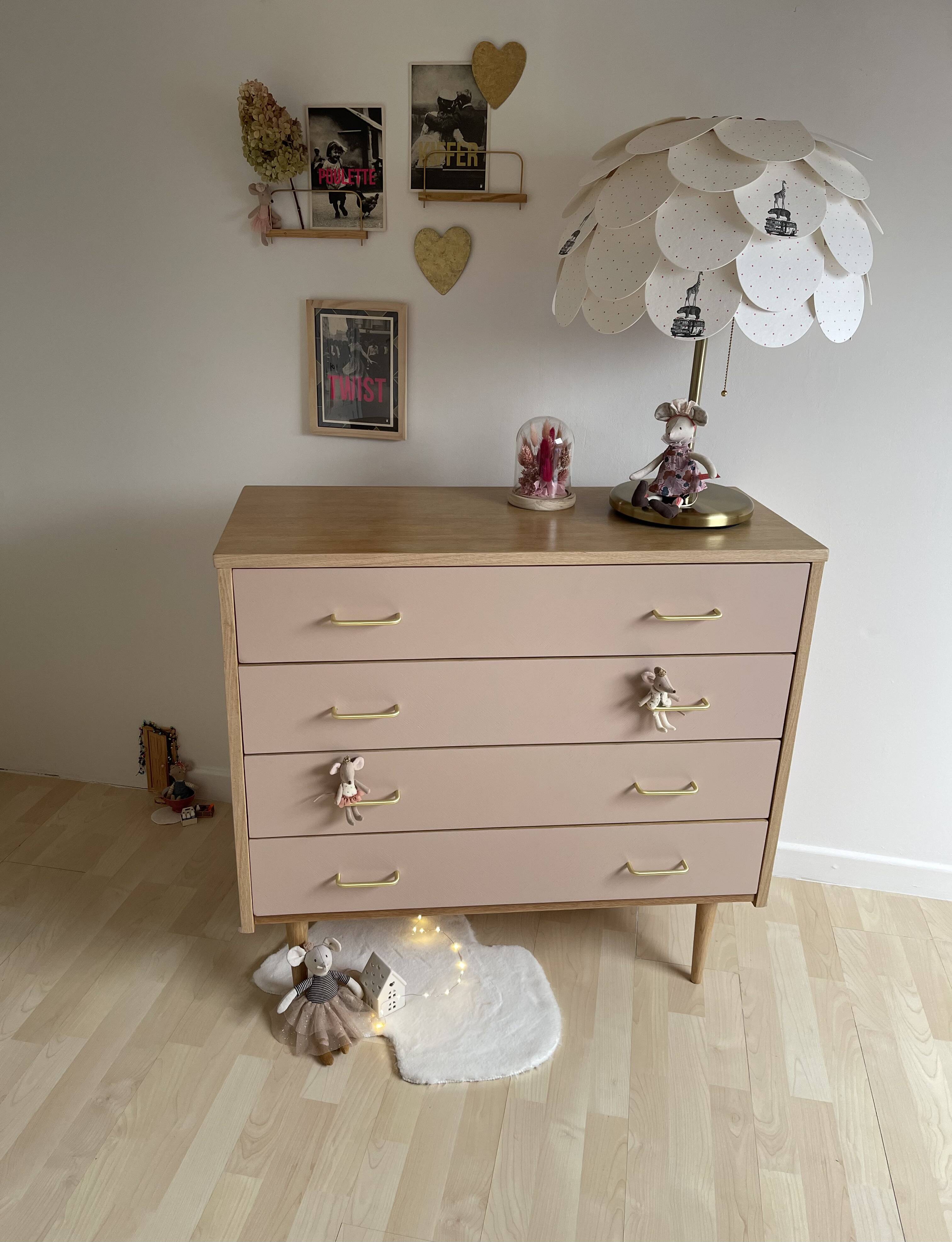 Pink tapered leg chest of drawers