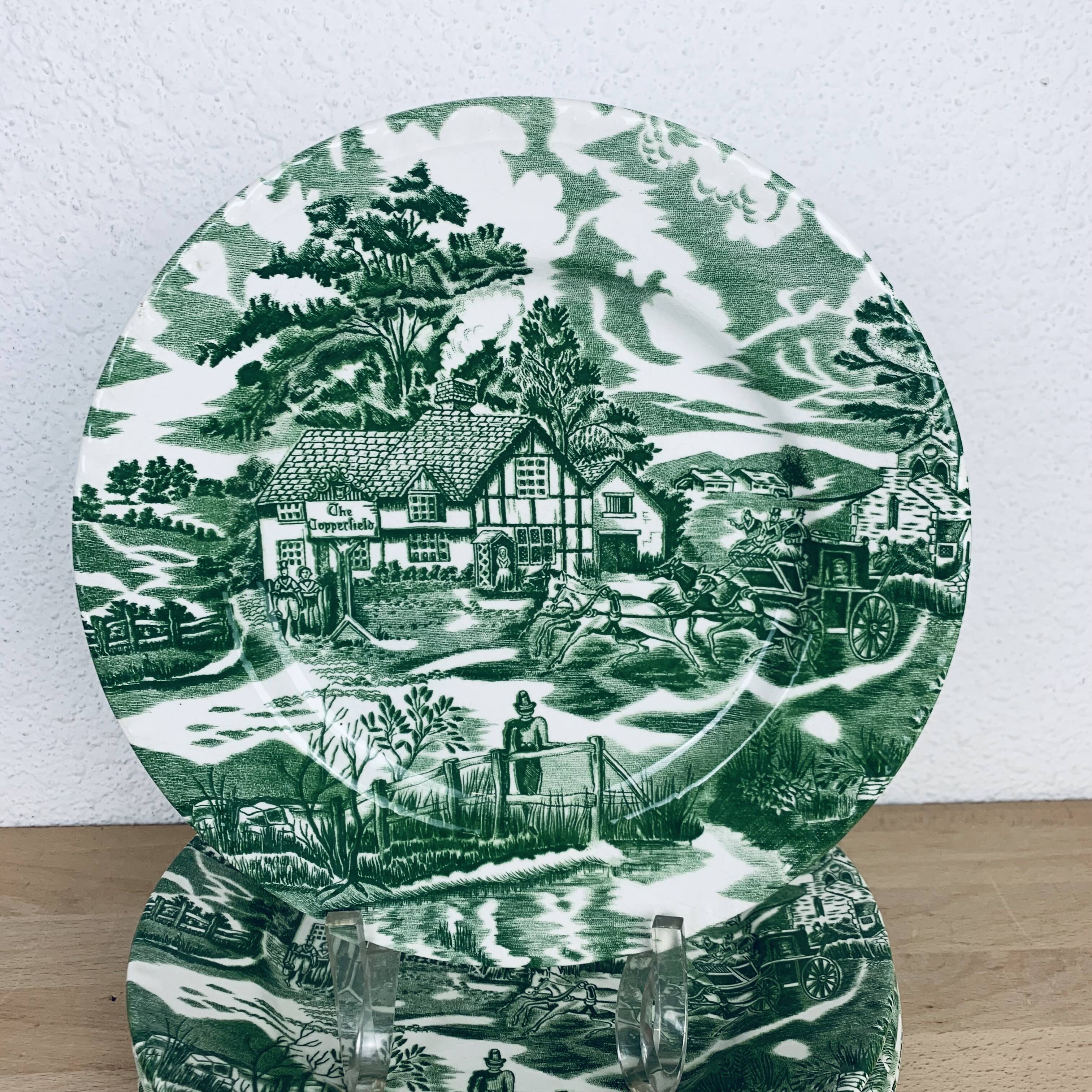 6 green English Style Luneville plates