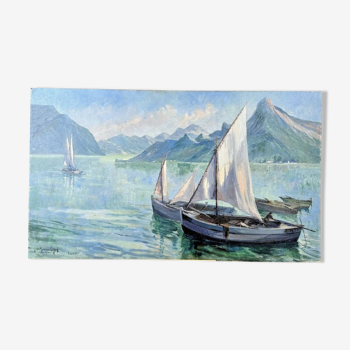 Huile sur panneau du lac d'annecy par maurice lingue