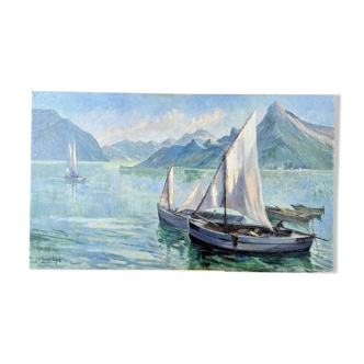 Oil on panel of lake annecy by maurice lingue
