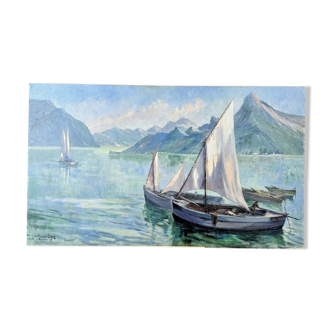 Huile sur panneau du lac d'annecy par maurice lingue