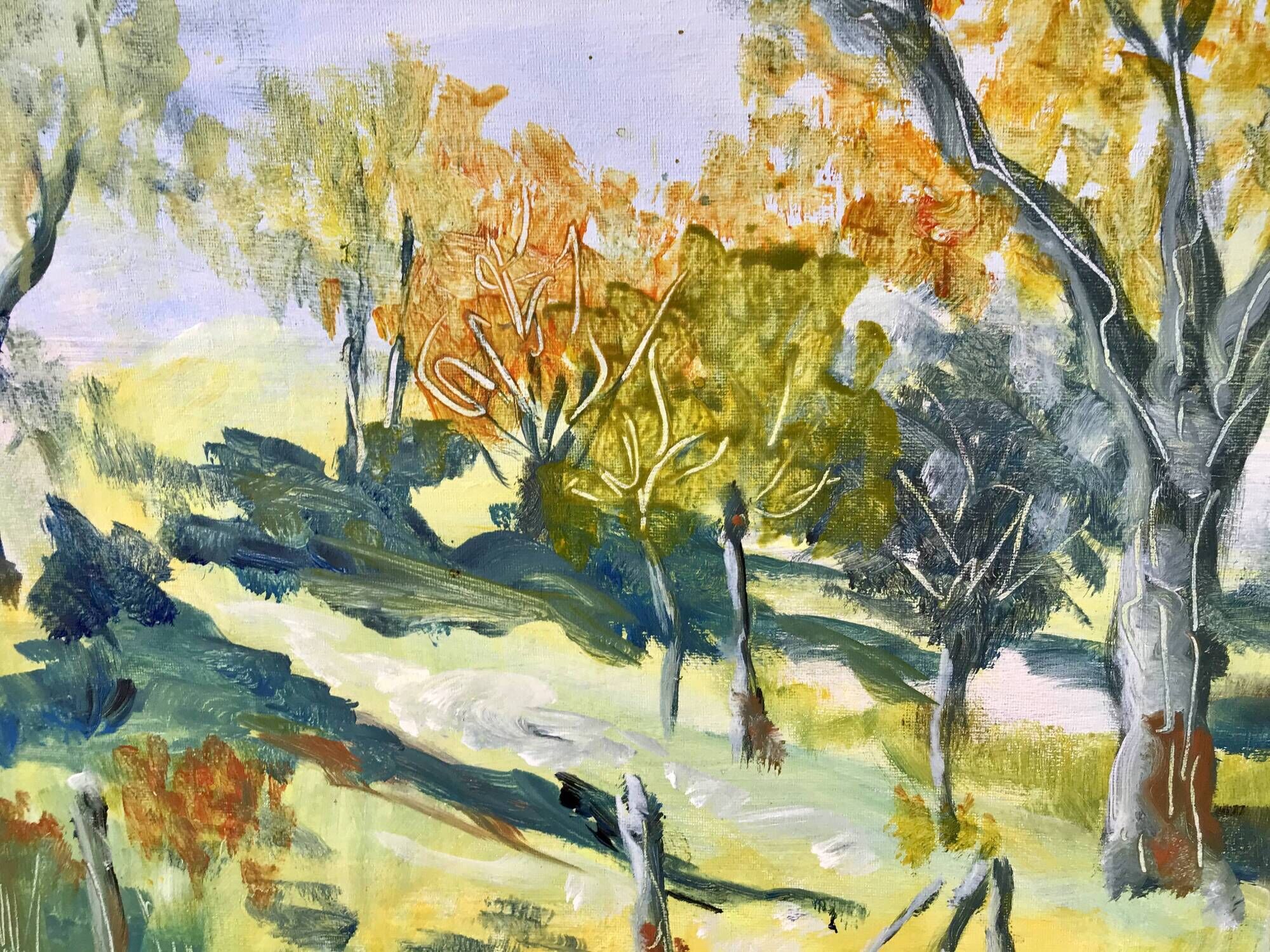 Painting oil on canvas landscape fields and vintage forest