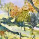 Painting oil on canvas landscape fields and vintage forest