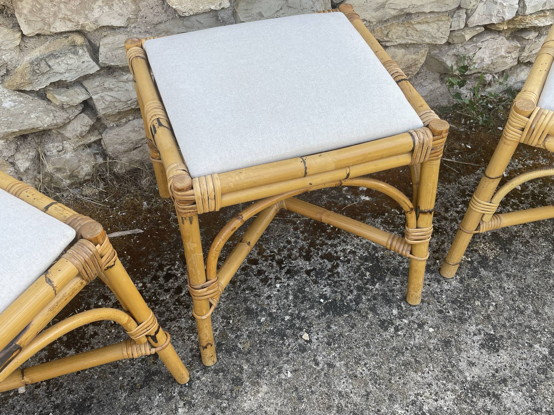 4 tabourets vintage bambou et rotin – années 60/70