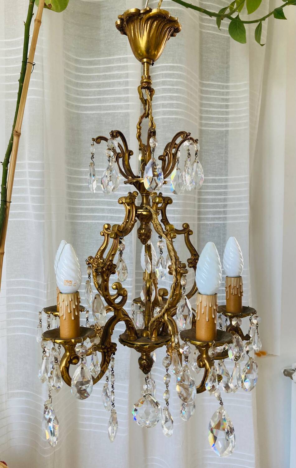 20th century gilded bronze cage chandelier with tassels