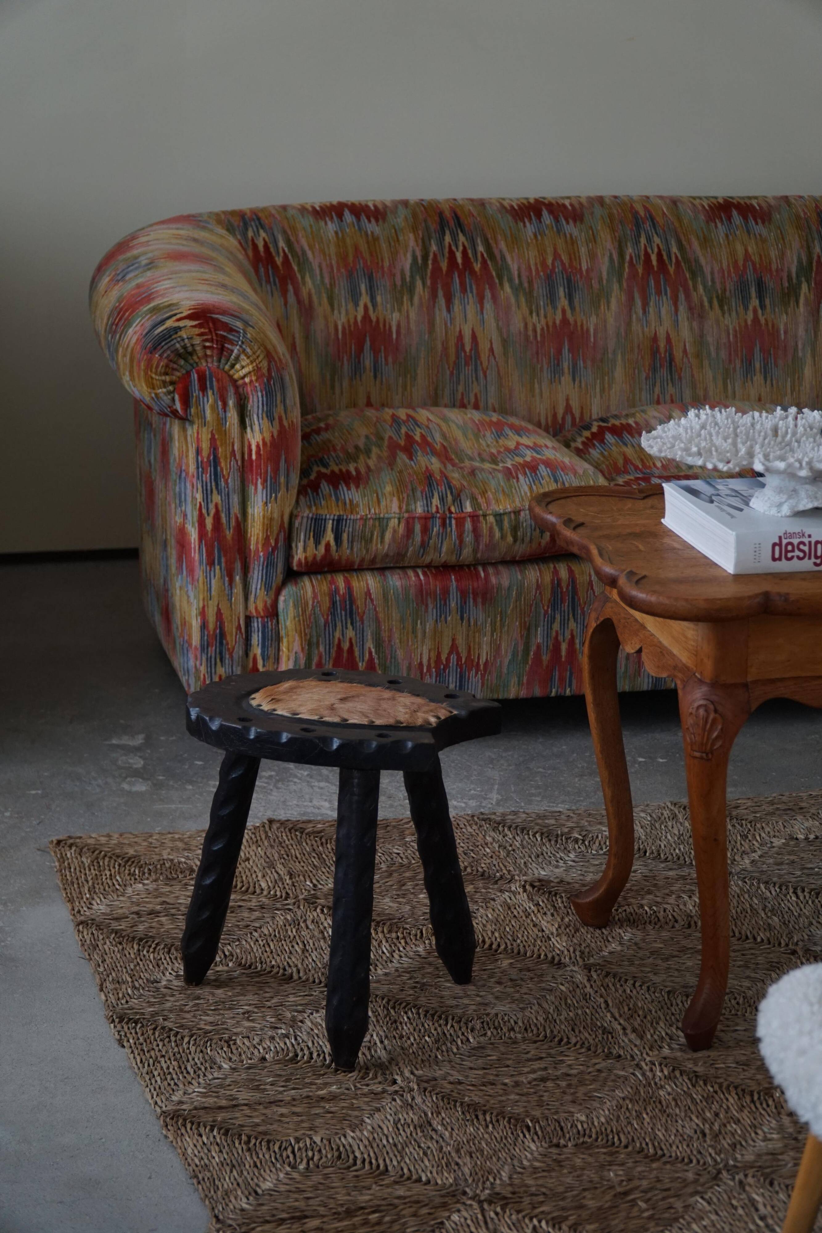 Swedish tripod stool in pine and cowhide, Wabi Sabi, 1950s