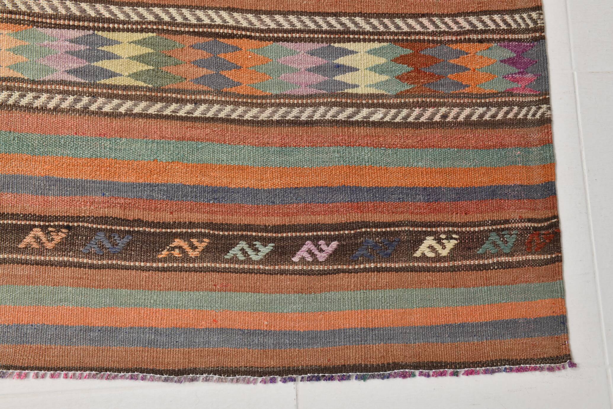 5x8 Orange Blue Striped Turkish Vintage Kilim Rug 170x245Cm