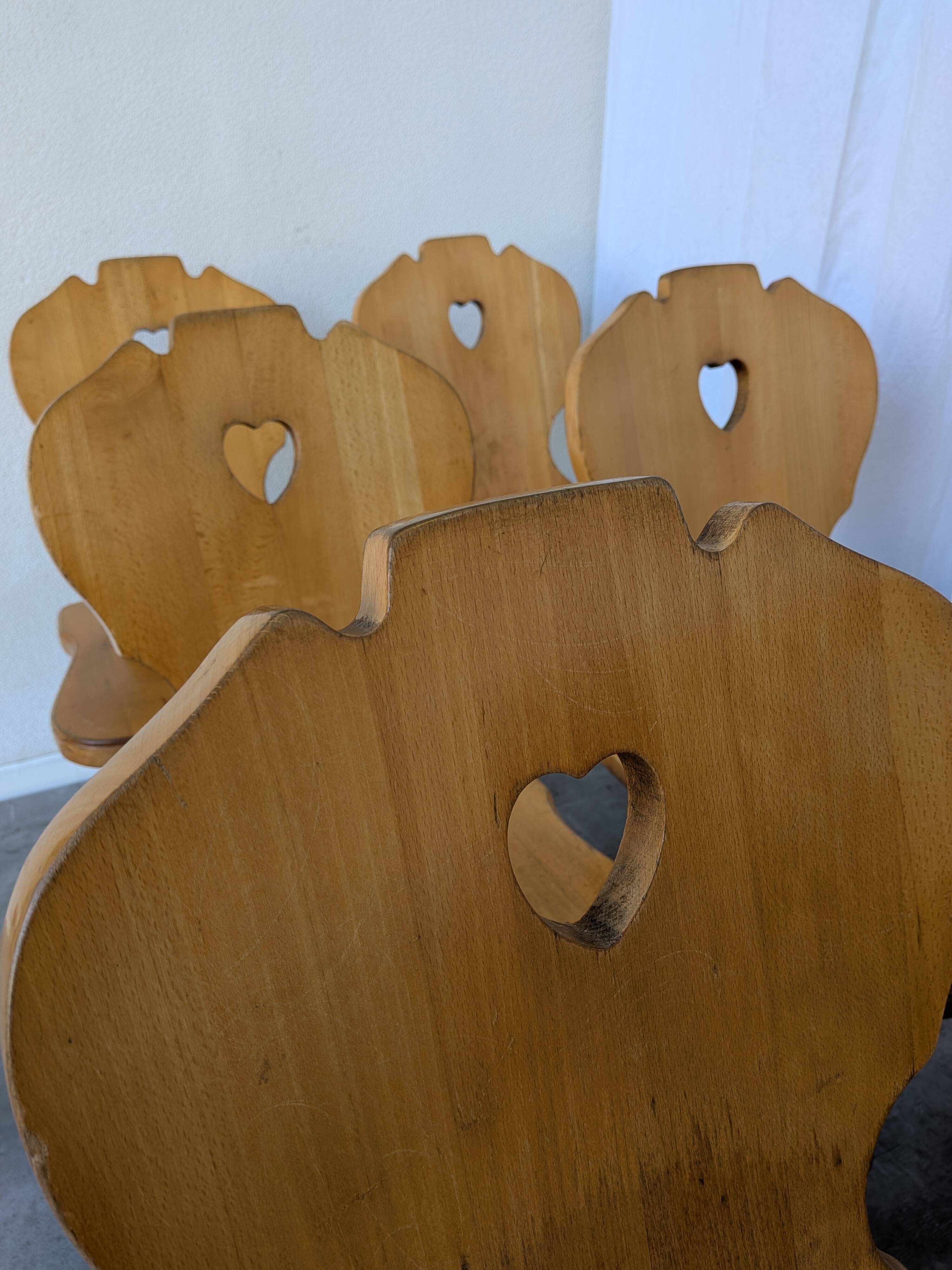 Set of 8 Vintage Tyrolean Heart Cutout Wooden Dining Chairs, Rustic Farmhou