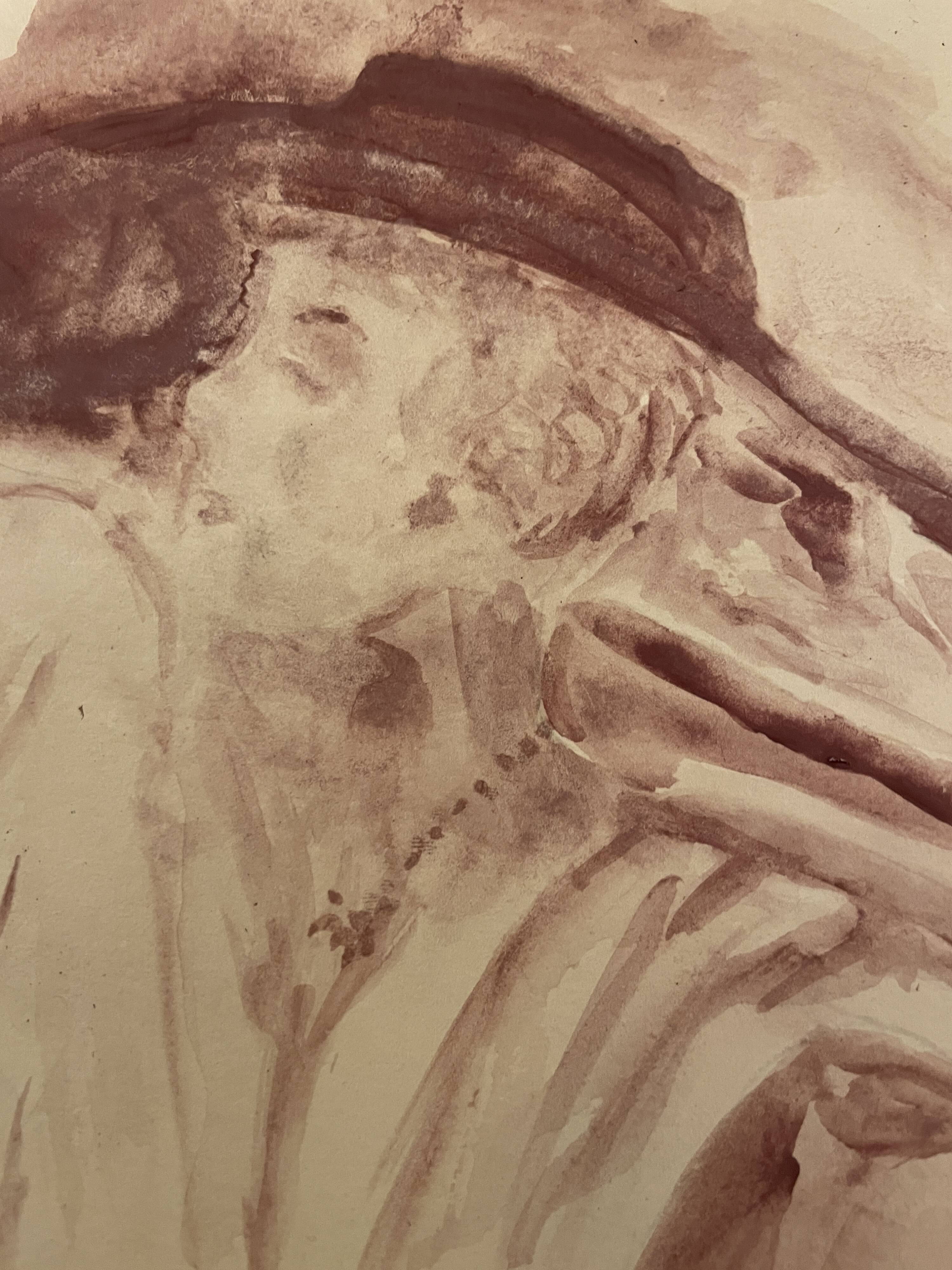 Signed painting monochrome watercolor caput mortum female portrait "Belle époque"