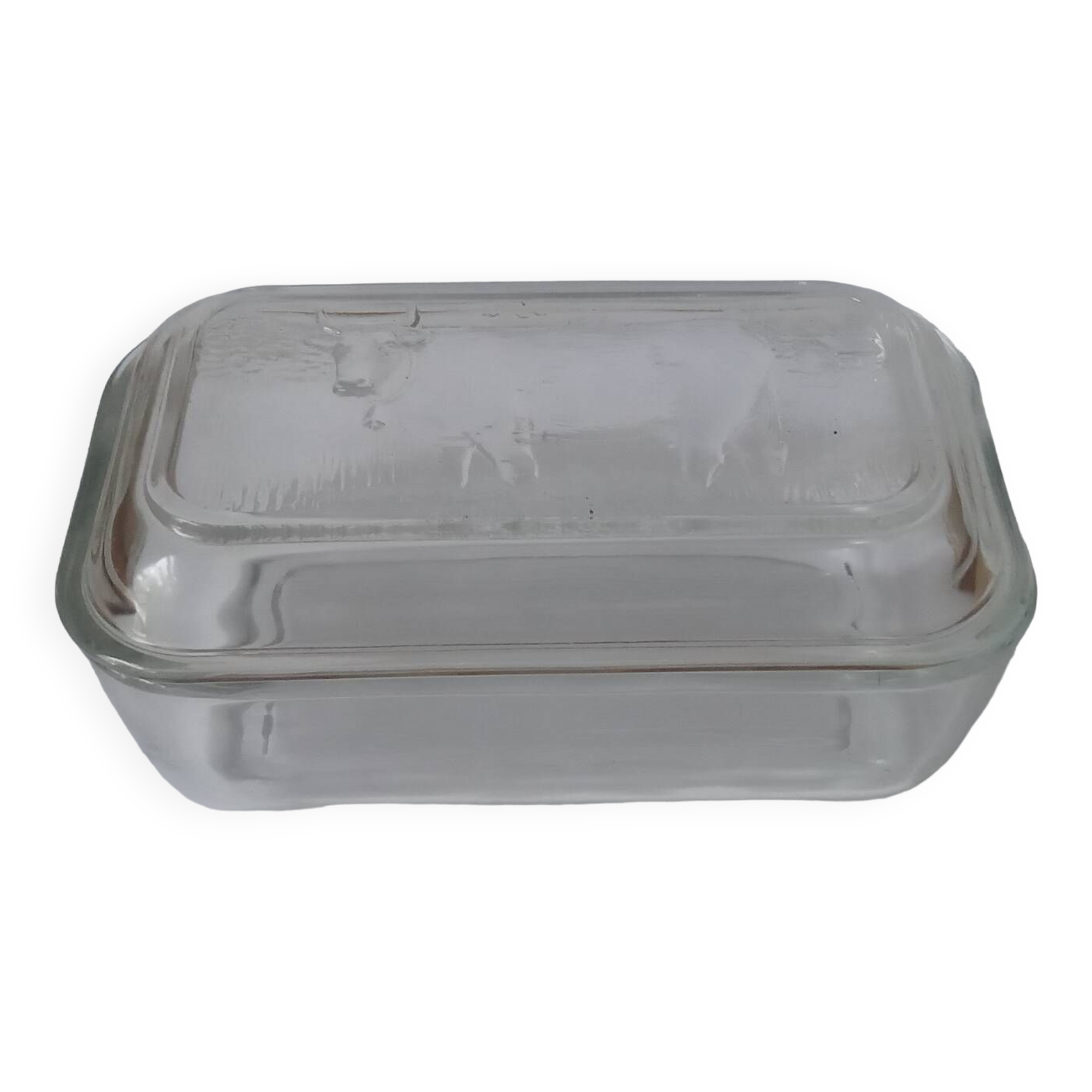 Glass butter dish with cow decor