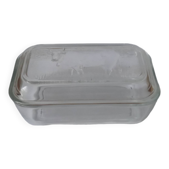 Glass butter dish with cow decor