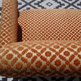 Vintage bench in wood and orange/ivory velvet.