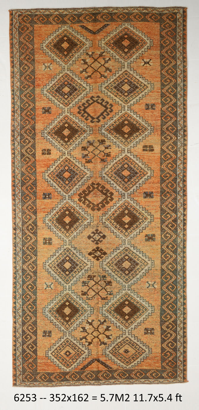 5x11 orange and brown vintage tapis rug, 352x162cm