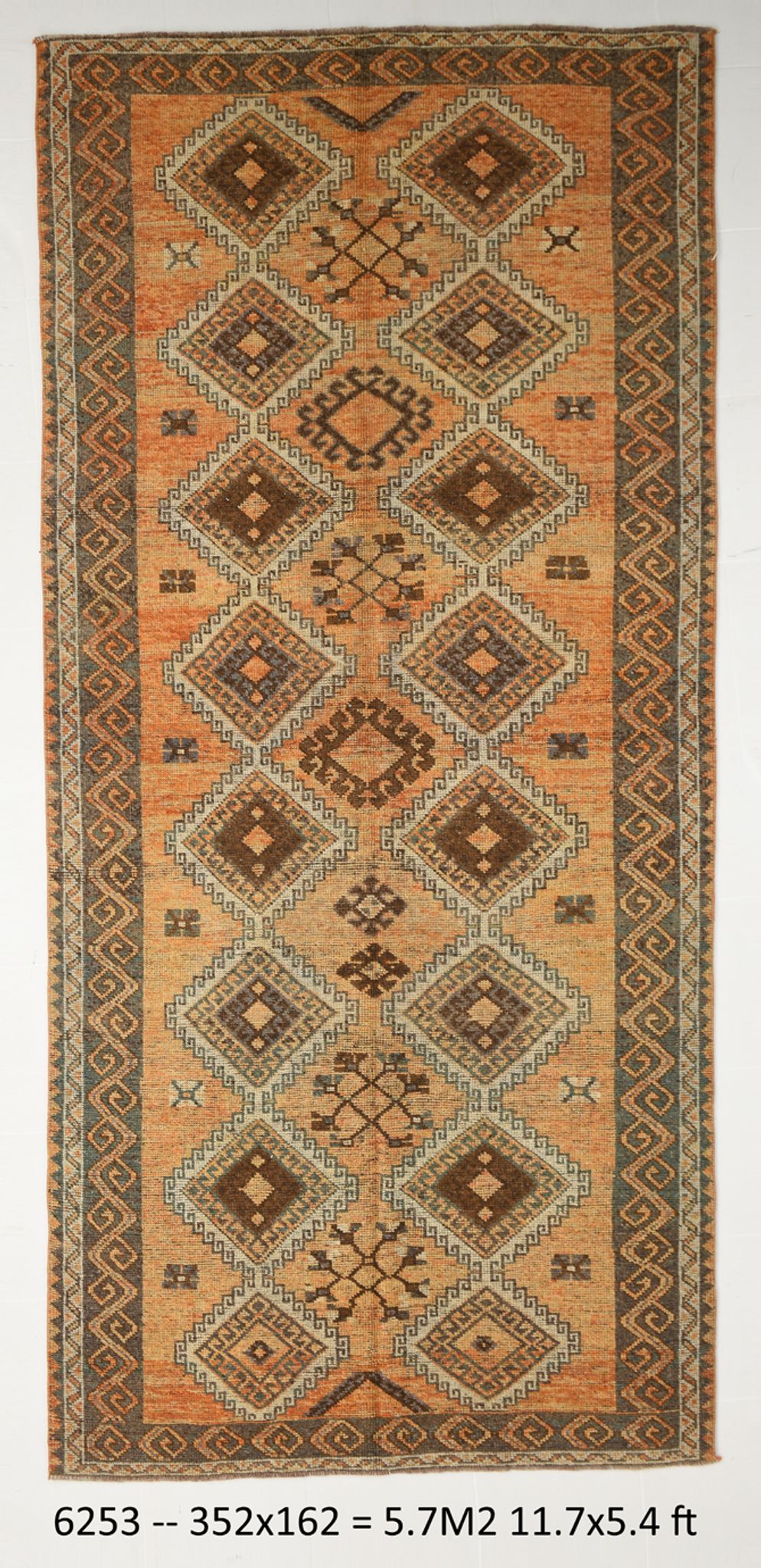 5x11 orange and brown vintage tapis rug, 352x162cm