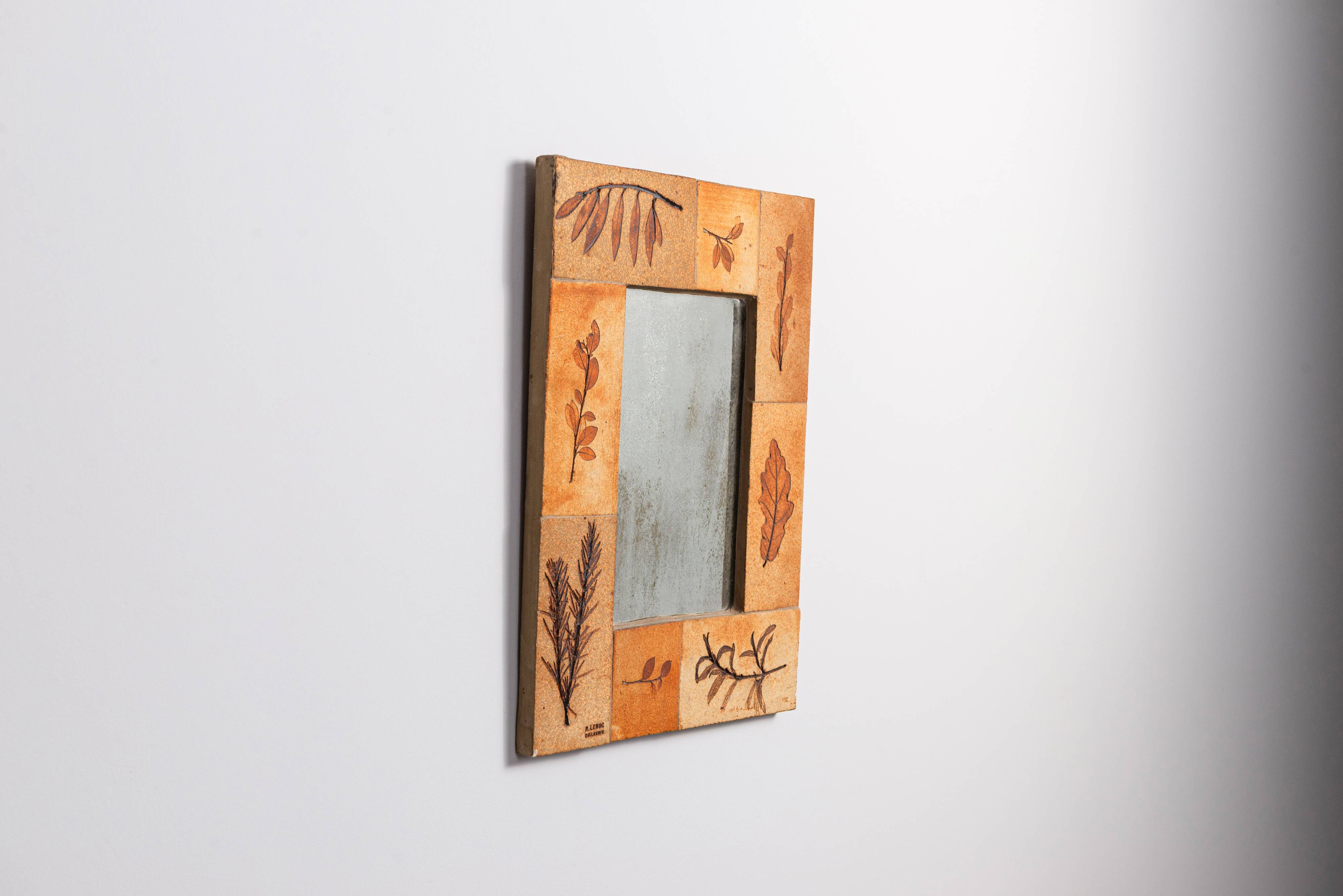 Raymonde Leduc botanical ceramic mirror Vallauris, France