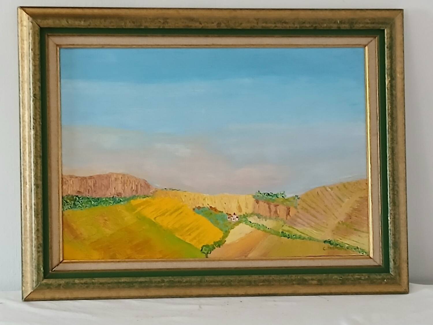 Oil on Canvas "Sunny Countryside" – Vintage Gold and Green Frame
