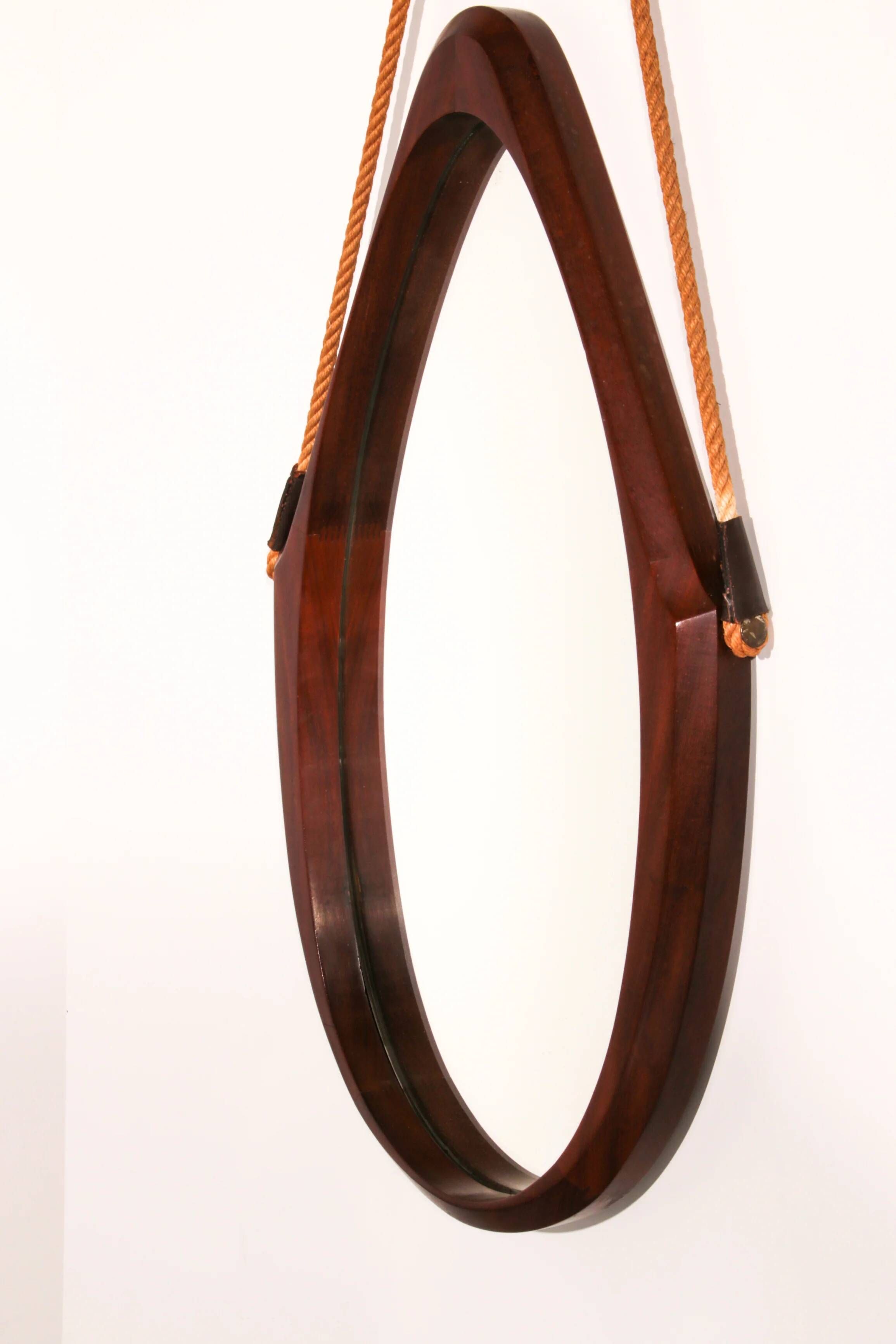 Mid-century Italian oval mirror in curved teak, rope and leather, 1960s