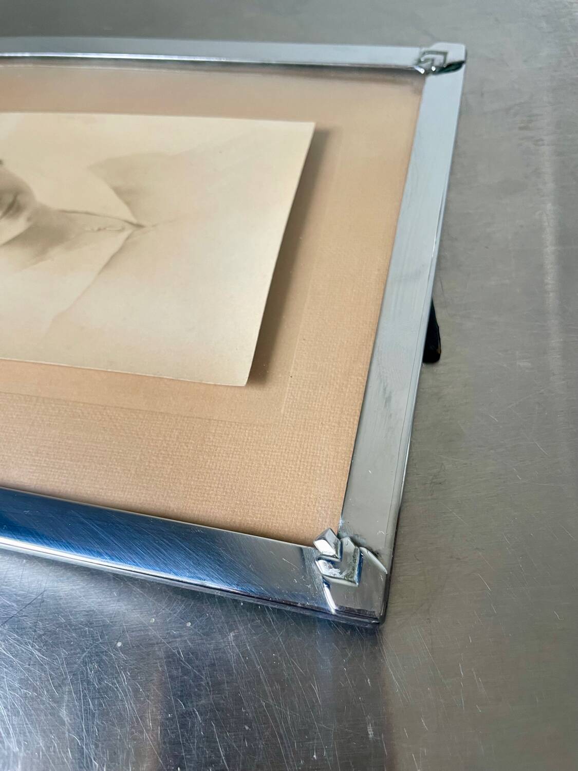 Art deco silver colored  metal frame  20.5  cm x 15.5 cm convex glass