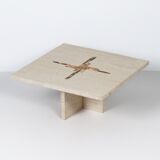 Coffee table by Paul Kingma in travertine with marble and brass inlay, 1980