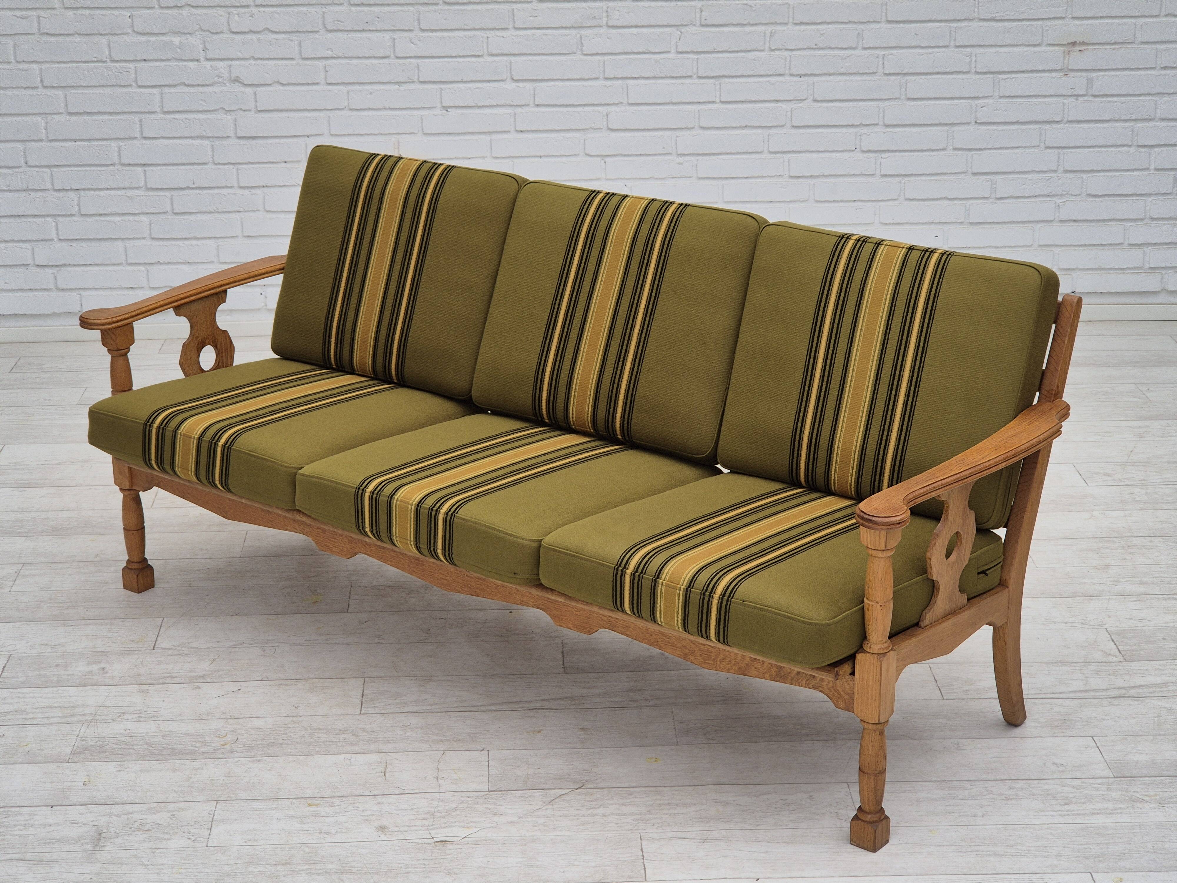 1970s, Danish 3 seater sofa, original condition, furniture wool, solid oak wood.
