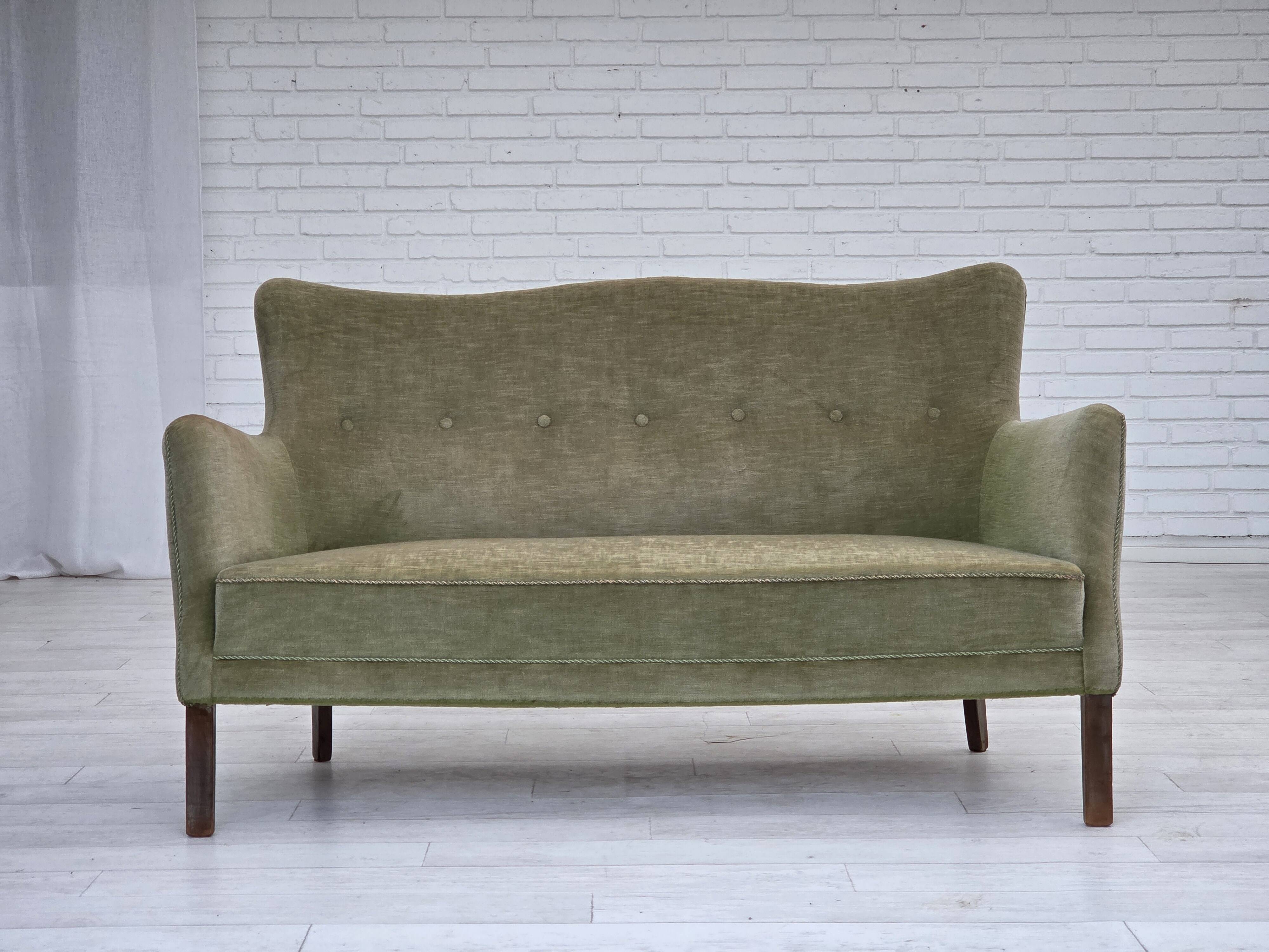 1960s, Danish curved 2-seater sofa, furniture velour, beech wood.