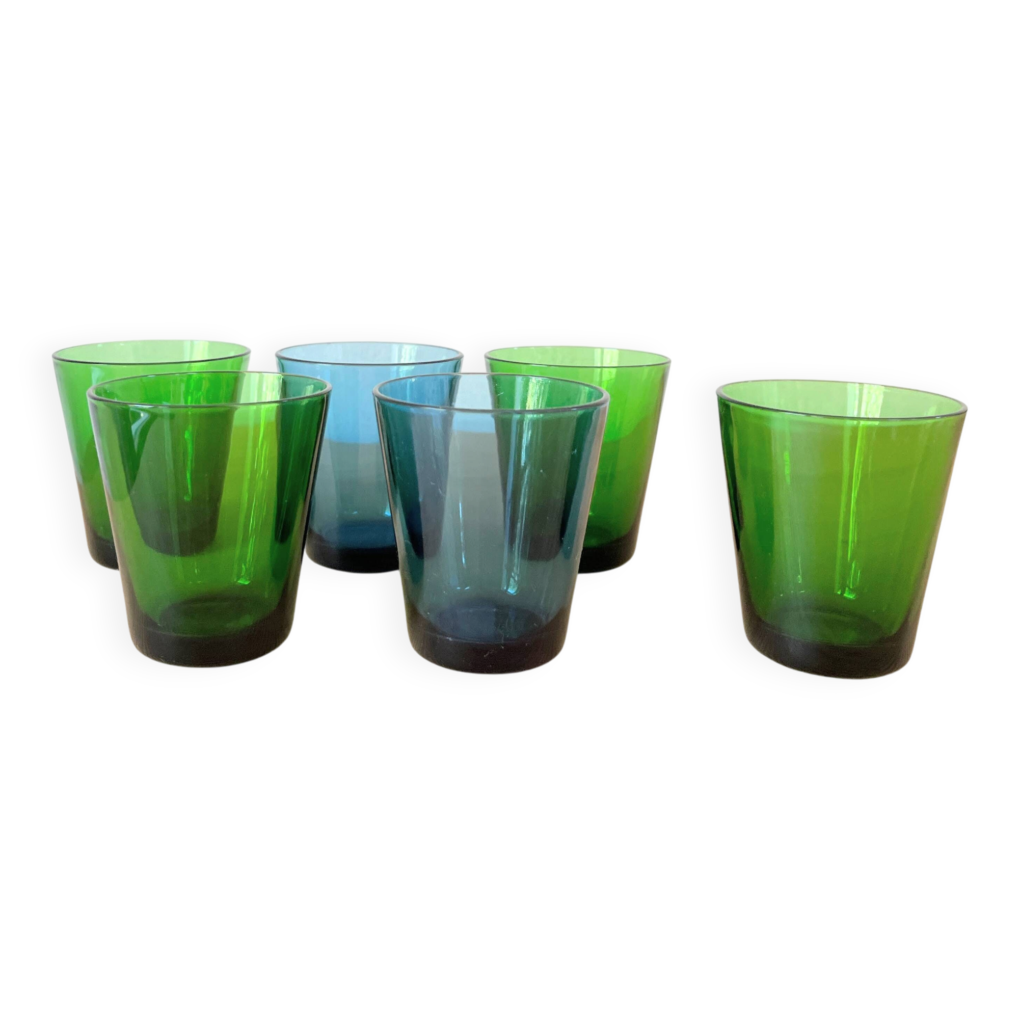 6 verres Vereco verts et bleus Vintage